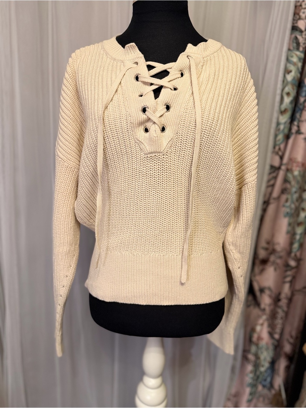 Madewell XL Cream Cotton Lace-Up Sweater Fair Trade Oversized Pullover